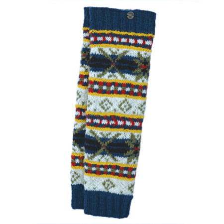 The Window, Milford Haven hand-knitted wool leg-warmers in Cosmos blue with a multi-coloured Fair Isle pattern.