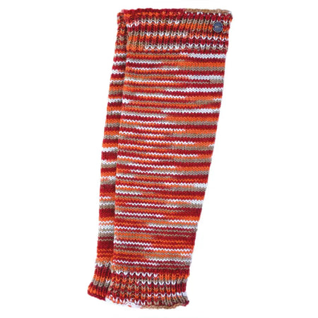 A knitted multicolored wool leg warmer with orange red white and gray stripes from pure wool leg warmers electric lava