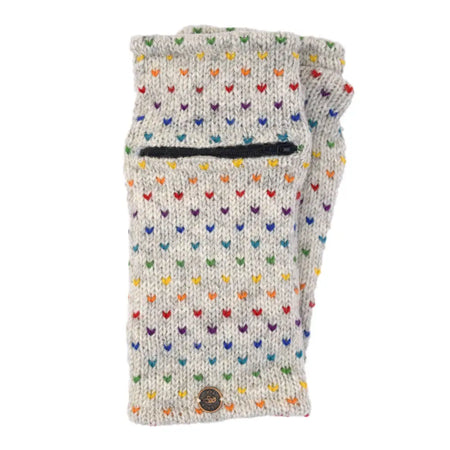 Heather gray pure wool wrist warmers with zip pocket featuring multicolored heart pattern knit fingerless mittens