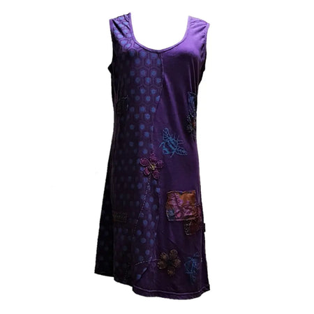 Purple cotton sleeveless tunic dress with patchwork design featuring stitched flowers butterflies and polka dots