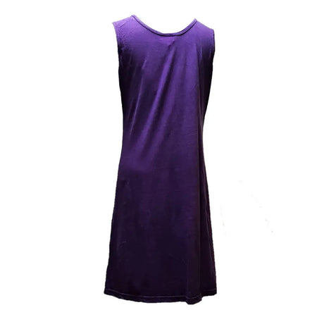 A sleeveless tunic dress in purple cotton with stitched flowers and patches and a simple round neckline and straight hem