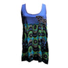 Purple cotton smock vest with butterfly motif and blue sleeveless top featuring teal peacock-eye pattern