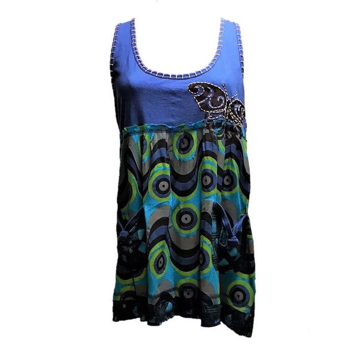 Purple cotton smock vest with butterfly motif and blue sleeveless top featuring teal peacock-eye pattern