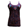 Dark purple cotton tank top with swirling pattern and 3d pink teal floral appliqué on the chest
