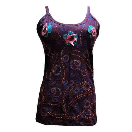 Dark purple cotton tank top with swirling pattern and 3d pink teal floral appliqué on the chest