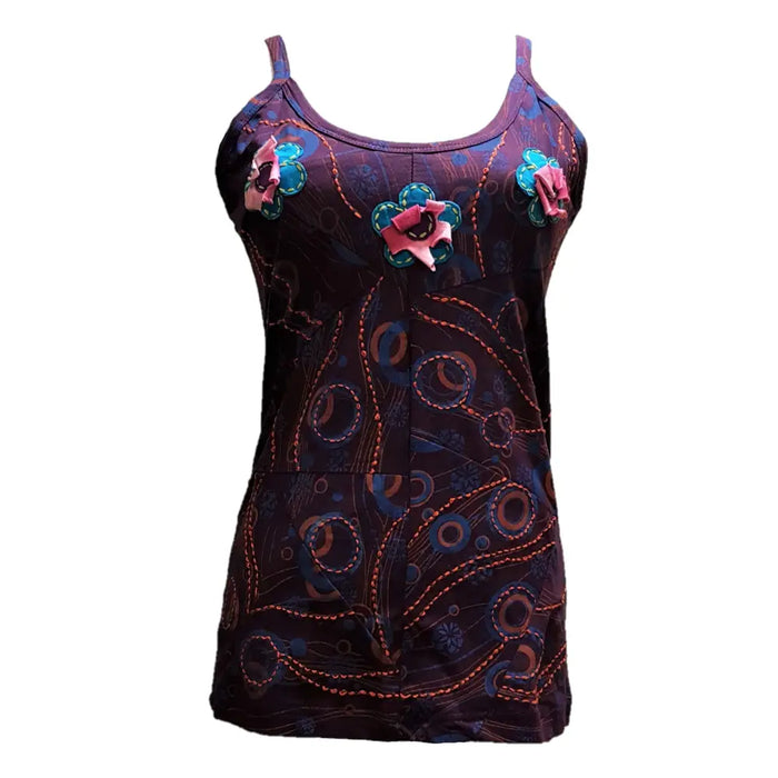Dark purple cotton tank top with swirling pattern and 3d pink teal floral appliqué on the chest