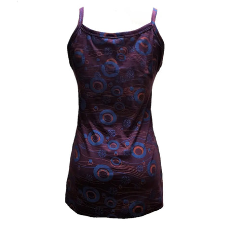 A purple cotton vest with appliqué flowers and stitching featuring a dark purple spaghetti strap top with blue and orange circles