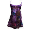 A purple tie-dye sundress with patchwork cotton fabric and spaghetti straps featuring a flared skirt design