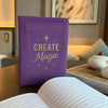 Purple velvet notebook with gold foil create magic text and star accents on soft velvet cover with 80 pages