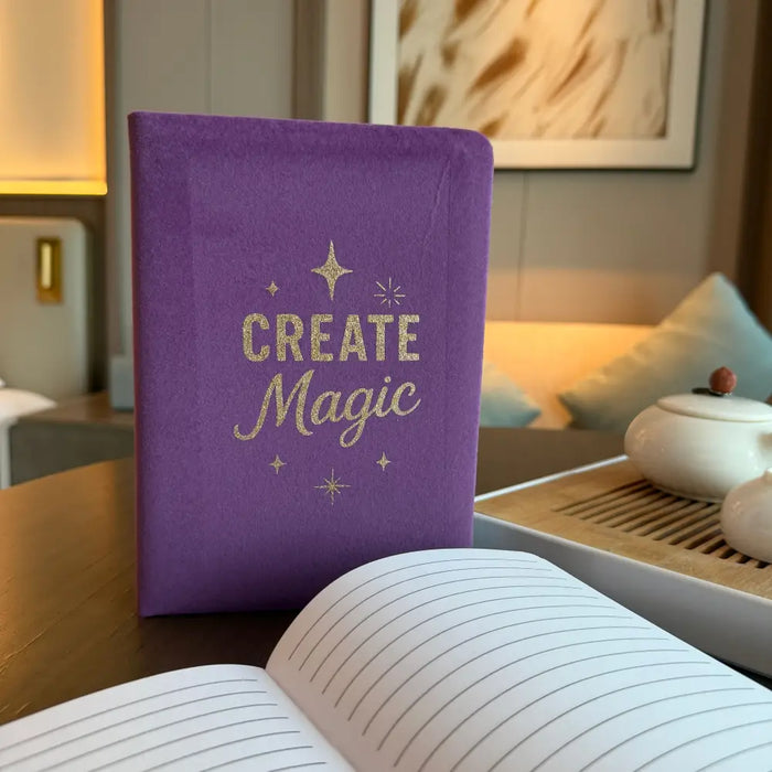 Purple velvet notebook with gold foil create magic text and star accents on soft velvet cover with 80 pages