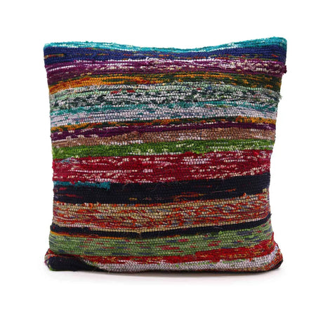 Vibrant rag rug cushion cover with aqua blues and layered textured stripes in earthy and bold hues