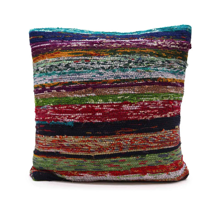 Vibrant rag rug cushion cover with aqua blues and layered textured stripes in earthy and bold hues