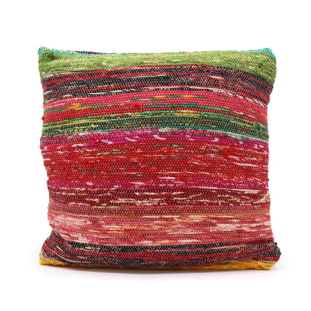 Vibrant multicoloured rag rug cushion cover with red green pink and black woven horizontal stripes yarn cushion covers indian rag