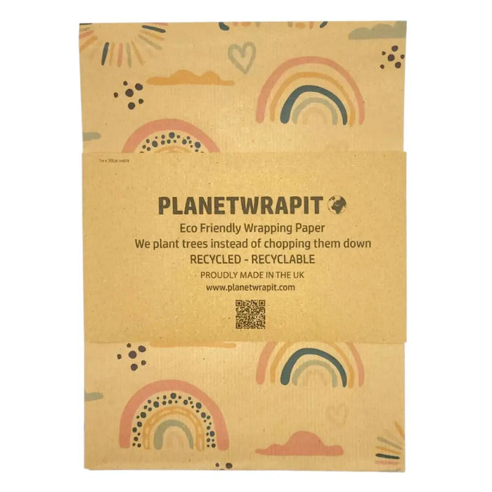 Beige recycled kraft wrapping paper with rainbow and cloud pattern by planetwrapit 1m x 50cm folded sheet