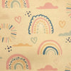Pastel rainbow and heart pattern on recycled kraft wrapping paper with a textured beige background folded in a sheet