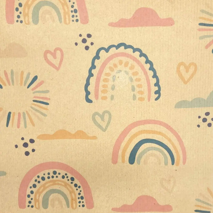 Pastel rainbow and heart pattern on recycled kraft wrapping paper with a textured beige background folded in a sheet