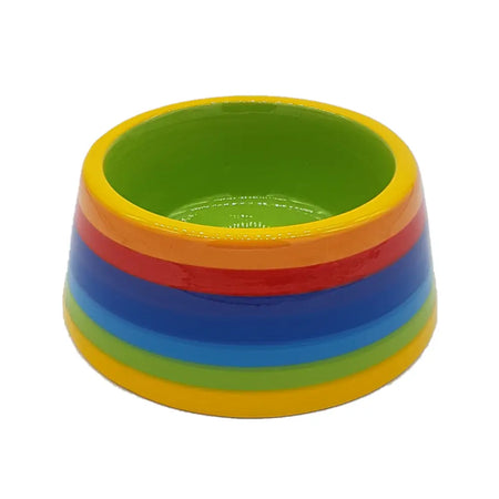 Rainbow ceramic cat bowl with ceramic pet bowl featuring vibrant concentric rings of yellow orange red blue and green