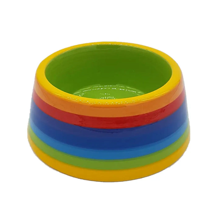 Rainbow ceramic cat bowl with ceramic pet bowl featuring vibrant concentric rings of yellow orange red blue and green