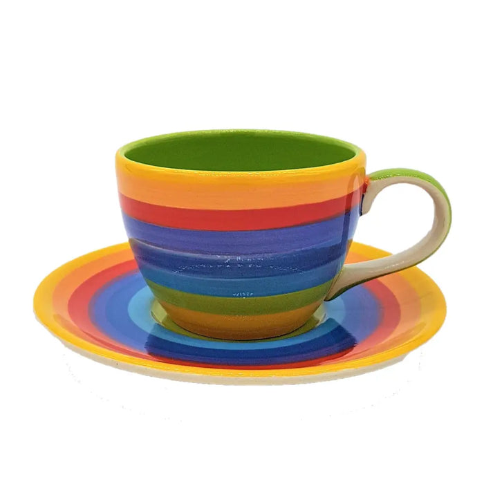 Rainbow striped ceramic coffee cup and saucer set with a glossy finish for ceramic coffee or coffee cup use