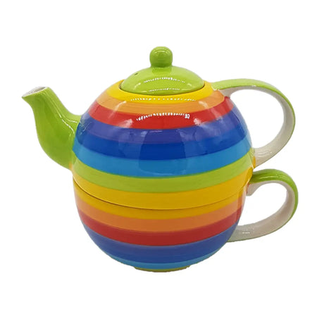 Rainbow ceramic cup and teapot set with bold horizontal stripes of red orange yellow green blue and purple ceramic cup and teapot set