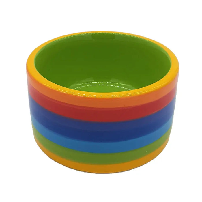 Rainbow ceramic dog bowl with glossy finish and vibrant concentric rings of orange red blue green and yellow