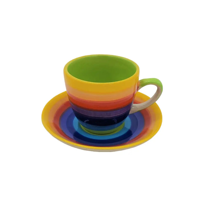 Rainbow-striped ceramic espresso coffee cup with matching saucer featuring yellow orange red purple blue and green bands