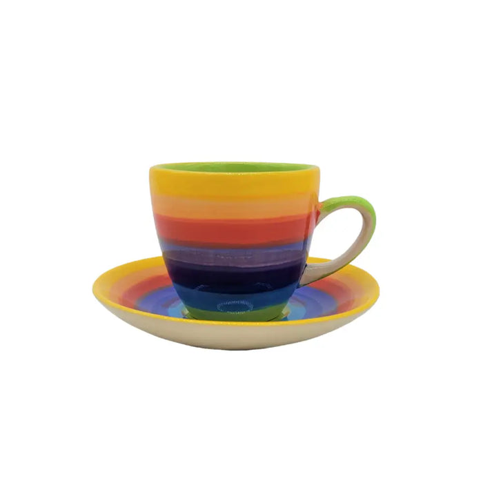 Rainbow-striped ceramic espresso coffee cup and saucer set with vibrant colors for serving espresso or coffee