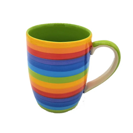A vibrant rainbow ceramic mug with glossy finish and green interior made of ceramic mug in two color choices