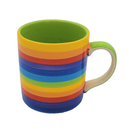 A vibrant rainbow-striped ceramic mug with glossy finish featuring bold horizontal bands of six different colors