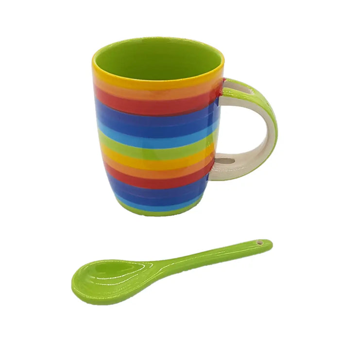 Rainbow striped ceramic mug with lime green handle interior and matching ceramic spoon for everyday use