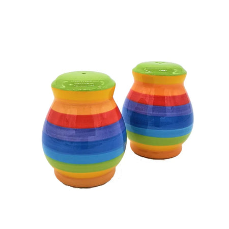 Rainbow-striped ceramic salt and pepper set with glossy finish in bright colors for kitchen use