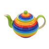 A vibrant ceramic teapot with rainbow stripes and lime green handle and spout in two sizes with a glossy finish