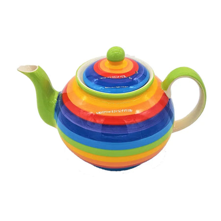 A vibrant ceramic teapot with rainbow stripes and lime green handle and spout in two sizes with a glossy finish