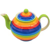 Vibrant rainbow-striped ceramic teapot with green lid knob and handle shown in two sizes for tea serving