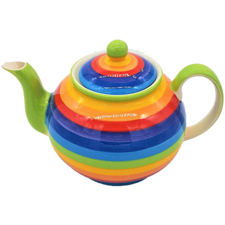 Vibrant rainbow-striped ceramic teapot with green lid knob and handle shown in two sizes for tea serving