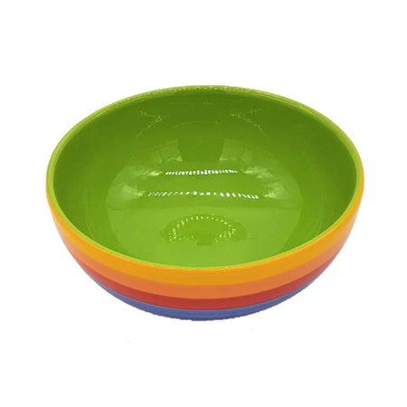 Rainbow cereal dessert bowl with vibrant rainbow stripes ceramic exterior and glossy green interior 15cm size