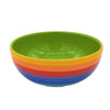 A vibrant rainbow-striped ceramic dessert bowl with a glossy finish and green interior 15cm diameter