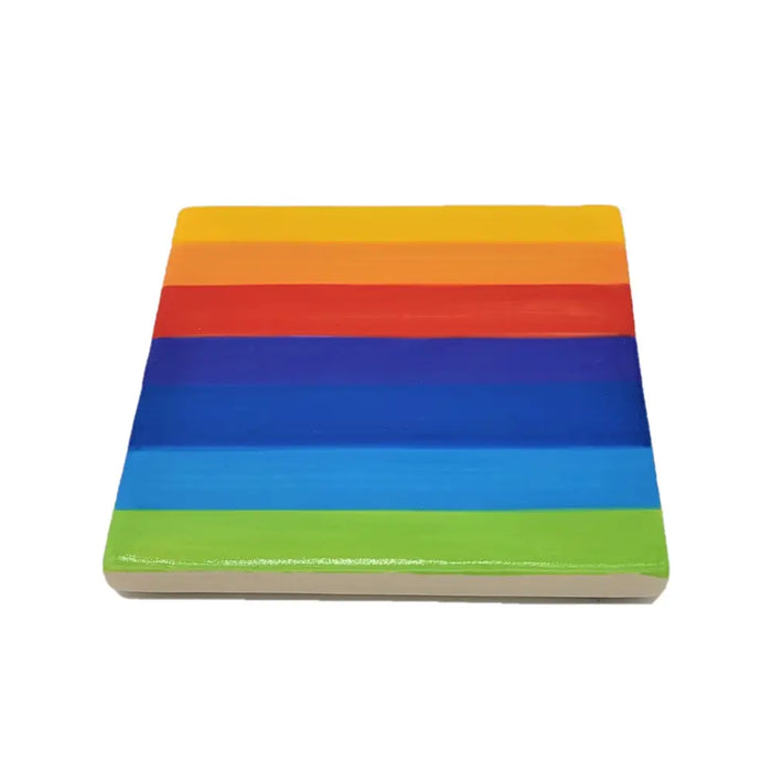 Rainbow coaster 10cm ceramic with rainbow stripes and smooth glossy finish for protecting surfaces from drinks