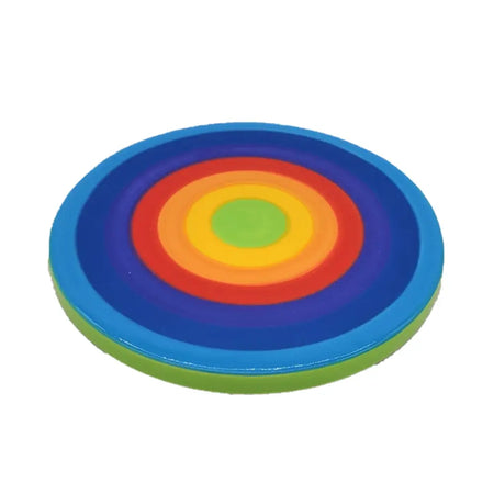 Rainbow coaster with 10cm diameter featuring concentric rings in blue purple red orange yellow and green colors