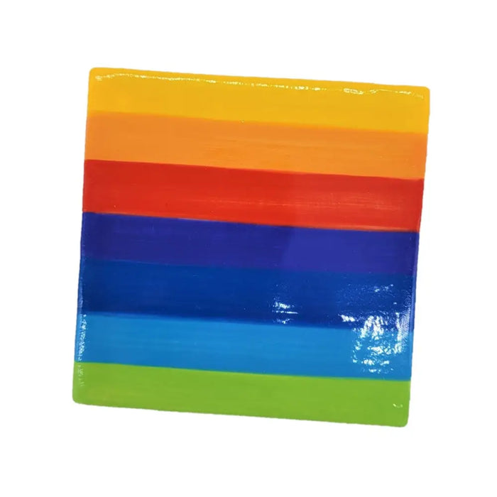 Vibrant rainbow-striped 10cm square glass coaster with glossy finish from rainbow coaster choice of two set