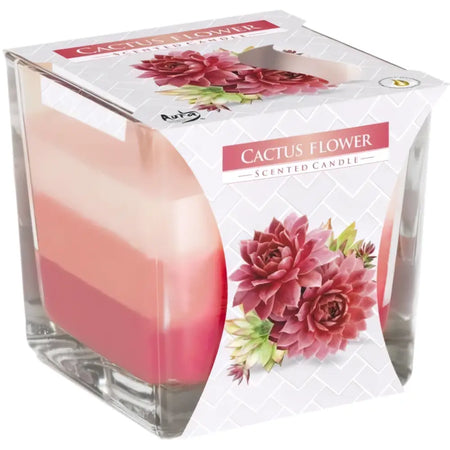 A rainbow jar candle with layered pink and coral wax in a clear glass cube with floral branding packaging