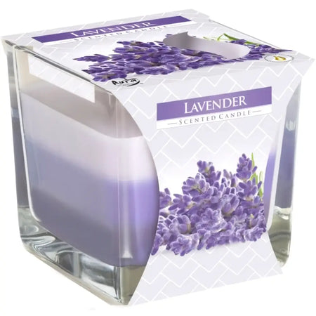 Lavender-scented rainbow jar candle with gradient purple wax in a clear glass cube and floral packaging