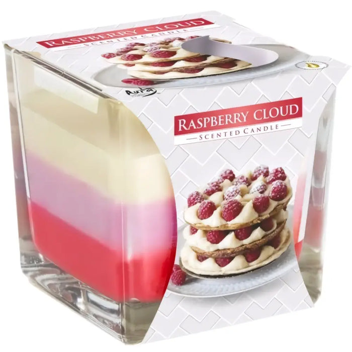 Rainbow jar candle with raspberry cloud scent in clear glass cube featuring layered pink purple and red wax