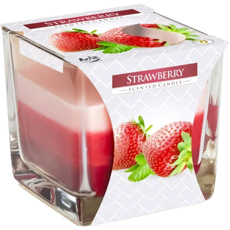 Rainbow jar candle with strawberry scent in clear glass cube container showing layered red and pink wax
