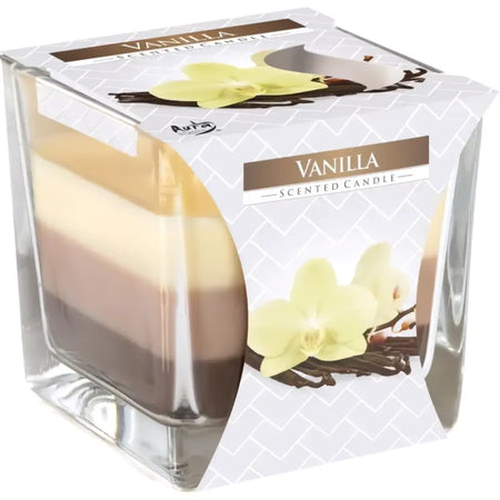 A rainbow jar candle with vanilla scent showing three layered wax bands in beige, light brown, and dark chocolate colors in glass cube