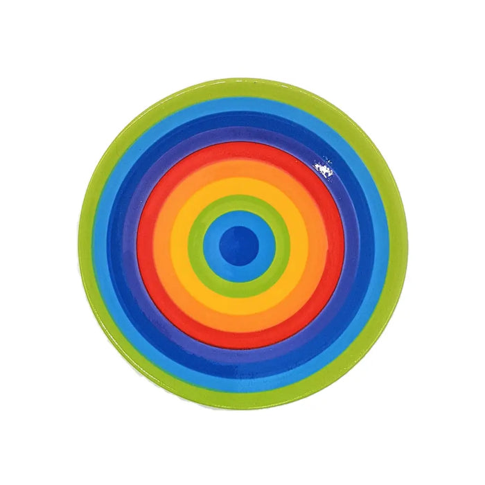 Rainbow plate circular coaster with concentric rainbow rings in multiple sizes made from durable material