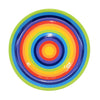 Vibrant rainbow plate with glossy finish showing colorful concentric circles available in three sizes