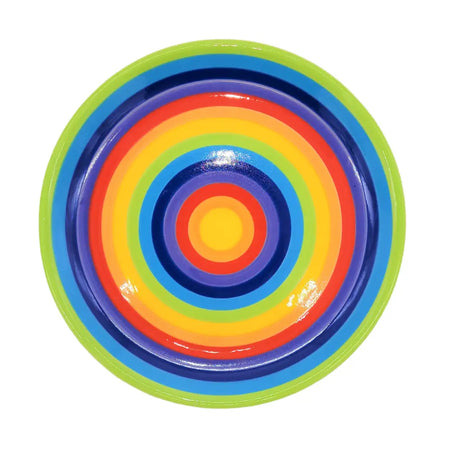 Vibrant rainbow plate with glossy finish showing colorful concentric circles available in three sizes
