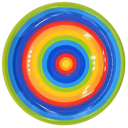Vibrant rainbow-colored circular plate with glossy finish and concentric rings available in three sizes
