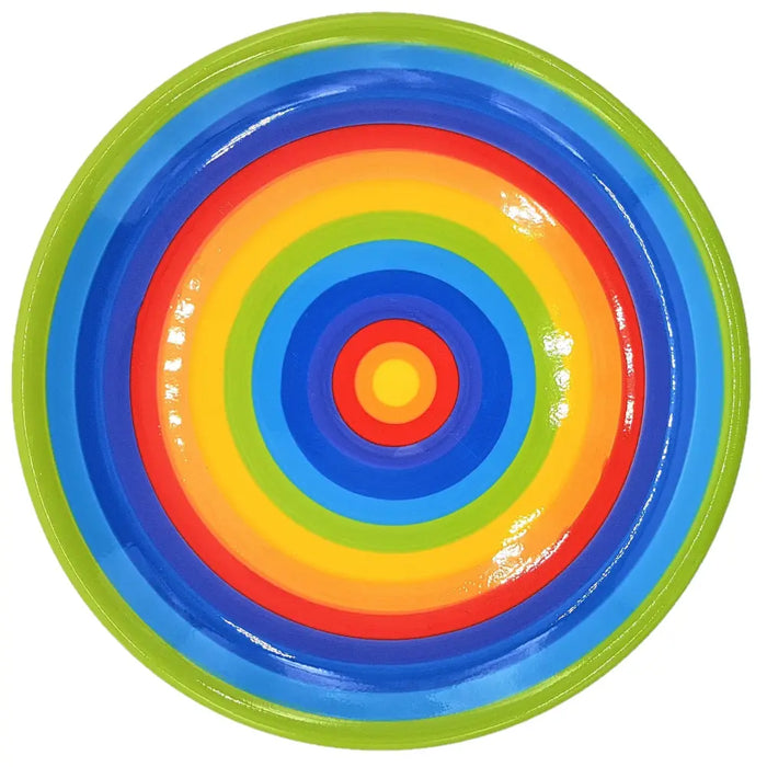 Vibrant rainbow-colored circular plate with glossy finish and concentric rings available in three sizes